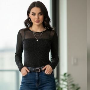 Les Serien Stitch Fix Black Shimmer Sheer Long Sleeve Fitted Top Small